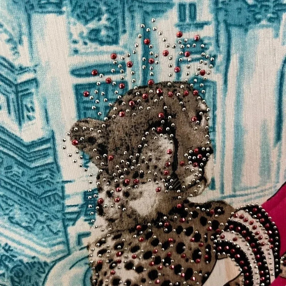 LP Rhinestone Studded Novelty Blouse XXL Woman Cheetah Building Ruched Stretch - Picture 8 of 15